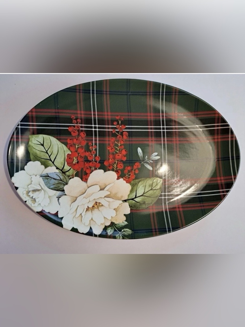 Williams Sonoma Green Botanical Plaid Oval Serving Platter Christmas NEW
